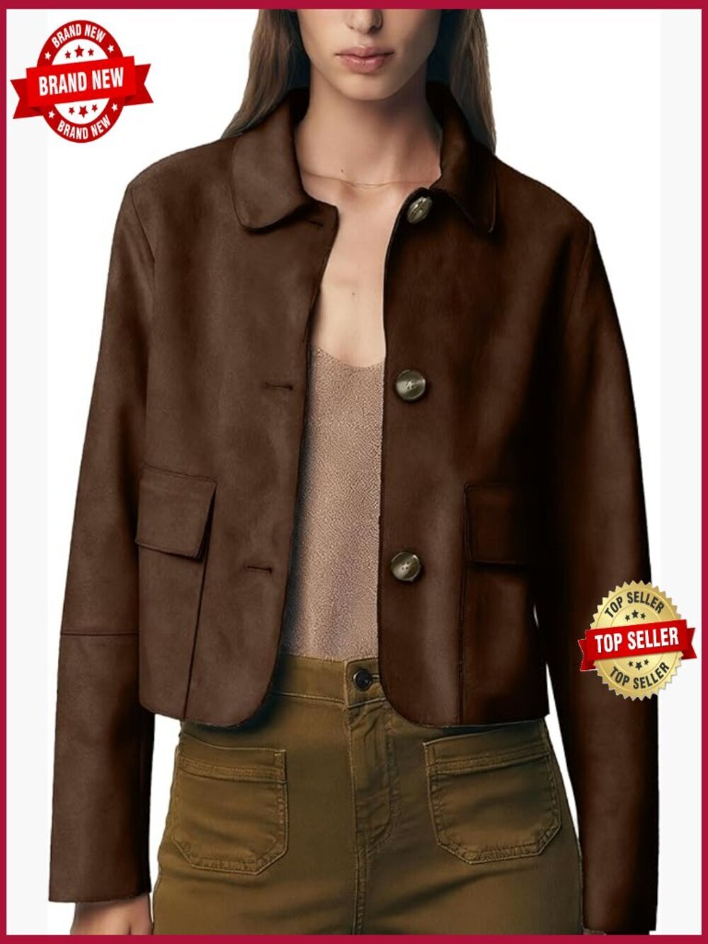 Faux Suede Bomber Jacket Long Sleeve Lapel Button Down Casual Outerwear